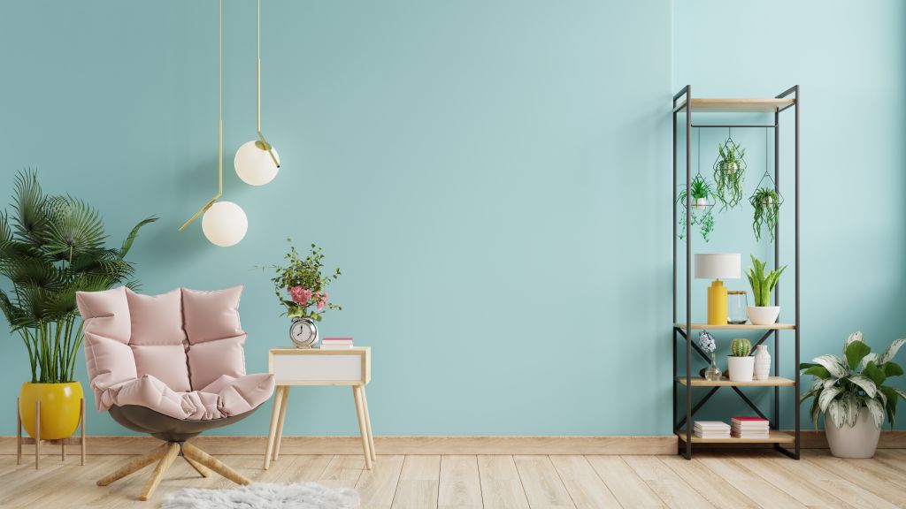 Blue living room interior with cozy luxury armchair.