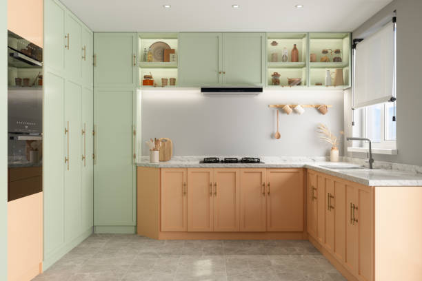 Modern Kitchen Interior With Pastel Colored Cabinets