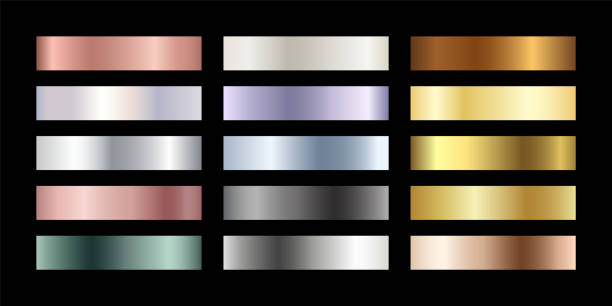 Metal chrome gradient color set. Metallic rose gold, bronze, silver, elegant pearl, midnight green, golden swatches palette. Vector shiny background collection for border, frame, label, flyer, design.