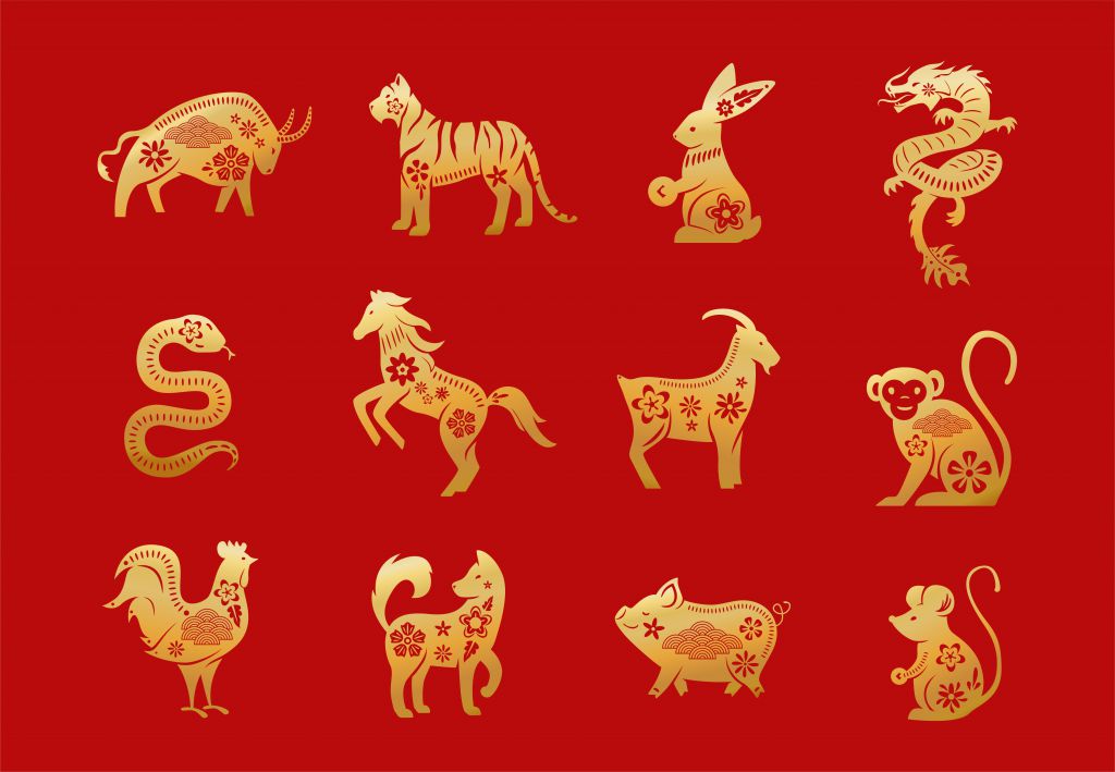 Chinese zodiac animals. Twelve asian new year golden characters set isolated on red background. Vector illustration of astrology calendar horoscope symbols